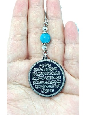 Gümüş Renk Çelik Çift Taraflı Ayetel Kürsi Nazar Ayeti Araba Dikiz Ayna Süsü, Turkuaz Doğal Taşlı