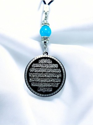 Siyah Çelik Çift Taraflı Ayetel Kürsi Nazar Ayeti Araba Dikiz Ayna Süsü, Turkuaz Doğal Taşlı