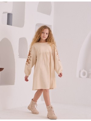 Cichlid Kız Kolları Nakış Deyatlı Keten Elbise
