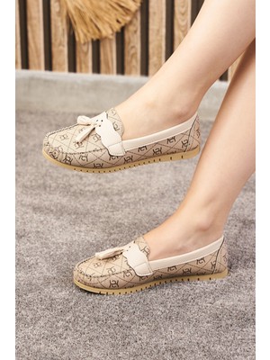  Günlük Kadın Babet Püskül ve Dikiş Detaylı Suni Deri Desenli Rahat Hafif Alçak Topuklu Ayakkabı 05