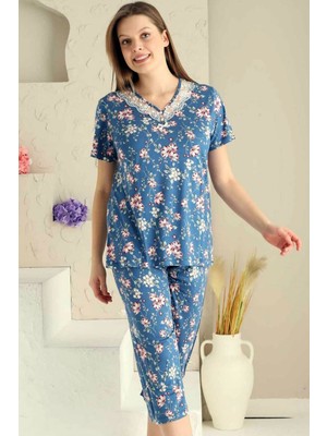 Alimer Kadın Indigo Bahar Dalı Kısa Kollu Dantelli V Yaka Kaprili Viskon Pijama Takımı EDY2708İ