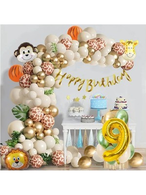 Bkmc 9 Yaş Folyo Balonu Safari Desenli Doğum Günü Parti Seti Süsü