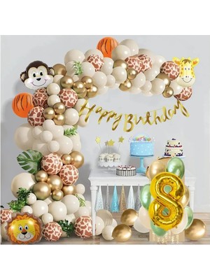 Bkmc 8 Yaş Folyo Balonu Safari Desenli Doğum Günü Parti Seti Süsü