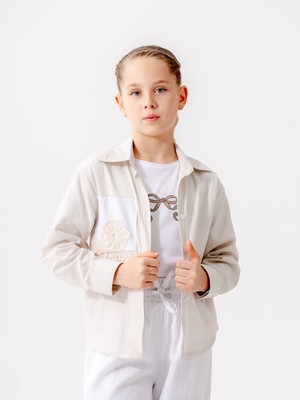 Kız Çocuk Cep Garnili Gömlek T-Shirt Ikili Takım 1808