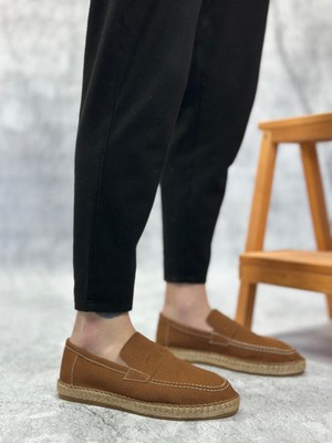 BA0359 Boa Doğal Deri Tozu Bağcıksız Kauçuk El Yapımı Espadril Taban Taba Renk Erkek Ayakkabı