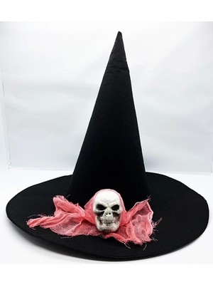 No8 Home Siyah Renk Pembe Duvaklı Kuru Kafa Temalı Cadı Şapkası 35X38 Cm