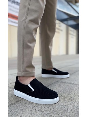BA0339 Bağcıksız Kadife Siyah Beyaz Taban Günlük Erkek Ayakkabı