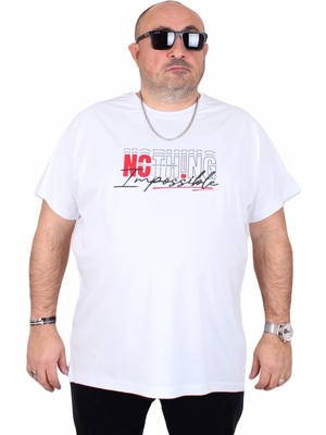 Moc Grande Erkek Büyük Beden Sıfır Yaka Tişört Impossible 25169 Beyaz