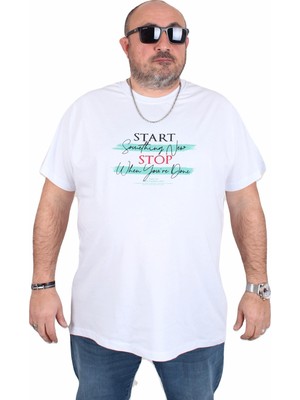 Moc Grande Erkek Büyük Beden Sıfır Yaka Tişört Start Stop 25178 Beyaz