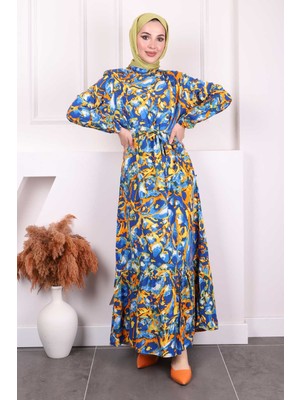 İmaj Butik Saks Mavi Desenli Eteği Katlı Viscon Elbise