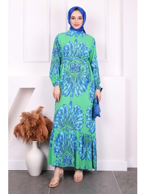 İmaj Butik Yeşil Desenli Eteği Katlı Viscon Elbise