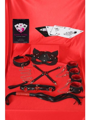 Sexy Görselli Oyun Kartı Kama Sutra 7'li Kırmızı Siyah Harness Set