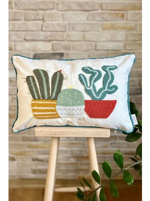 Swita Home Home Design Punch Işlemeli Biyeli Kaktüs Desen Keten Kırlent Kılıfı