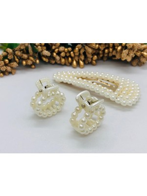 İnderin Incili Çıtçıt ve Mini Klipsli 3'lü Toka Seti