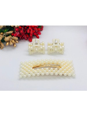 İnderin Incili Çıtçıt ve Mini Klipsli 3'lü Toka Seti