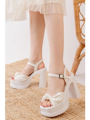 Preshley Kadın Sersi Beyaz Fiyonk Bantlı (12 cm ) Platform Topuklu Ayakkabı