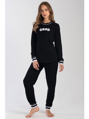 Vienetta Siyah Kadın Uzun Kollu 2 Iplik Pijama Takımı