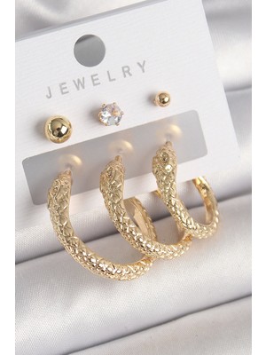 Shopzum Pirinç Gold Renk Zirkon Taşlı Topçuk Detay Yılan Halka Model Kadın Küpe Seti