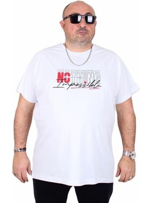 Starbattal Erkek Büyük Beden Sıfır Yaka Tişört Impossible 25169 Beyaz