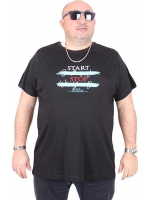 Starbattal Erkek Büyük Beden Sıfır Yaka Tişört Start Stop 25178 Sıyah