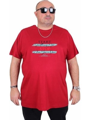 Starbattal Erkek Büyük Beden Sıfır Yaka Tişört Start Stop 25178 Bordo
