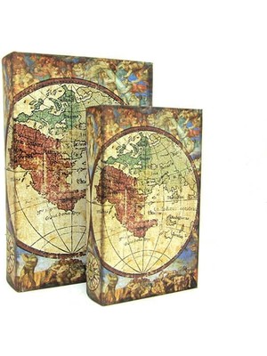 Kutu Kitap Harita 2'li Set Kitap Kutusu Dekoratif Hediyelik