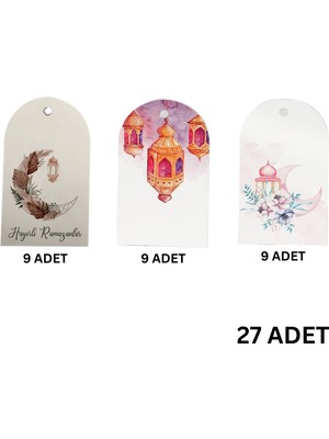 3lü Ramazan Temalı Hediye, Tebrik Kartı Seti, Delikli Ambalaj Paketleme Etiketleri, 4.5x7.5 Cm, 27 Adet
