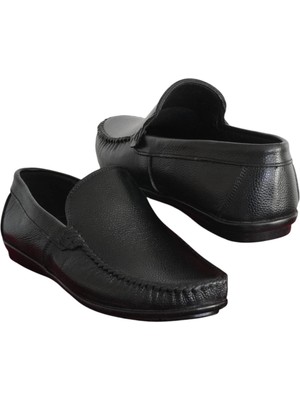 Hon's Deri Loafer Siyah Erkek Ayakkabı Topuk Pedli Kauçuk Taban Bağcıksız MLK01S