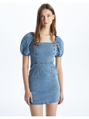 Xsıde Mavi Yaka Balon Kollu Kadın Jean Elbise