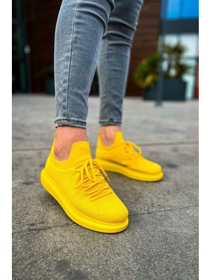 Shoecide SHO307 Bağcıklı Yüksek Taban Rt Tricot Erkek Ayakkabı Sarı