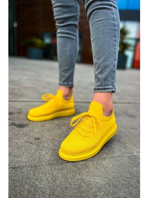 Shoecide SHO307 Bağcıklı Yüksek Taban Rt Tricot Erkek Ayakkabı Sarı