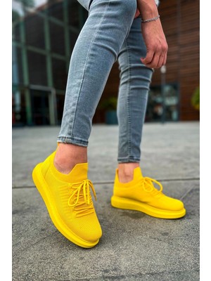 Shoecide SHO307 Bağcıklı Yüksek Taban Rt Tricot Erkek Ayakkabı Sarı