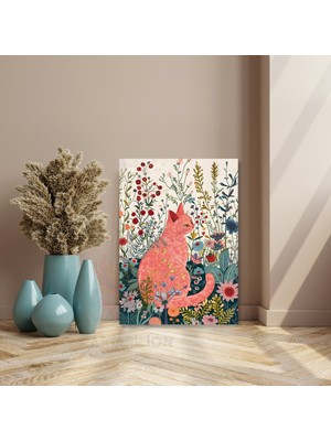 Artarilion Kanvas Tablo Çiçeklerin Içindeki Pembe Kedi Dijital Baskı Salon Tablosu