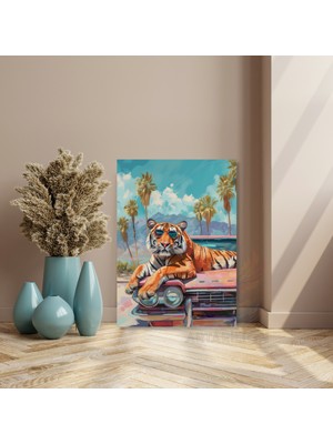 Artarilion Kanvas Kaplan Tablosu Arabanın Üzerine Yatan Gözlüklü Tarz Aslan Kanvas Tablo