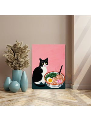 Artarilion Kanvas Tablo Noodle ve Kedi Görseli Sevimli Kanvas Tablo Ev Hediyesi Ev Dekorasyonu