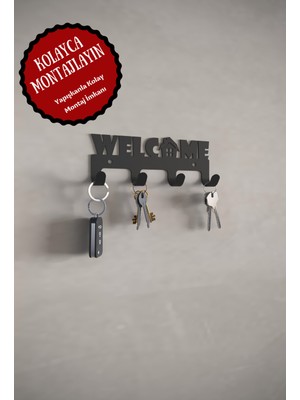 Alfams Welcome Hoşgeldiniz Yazılı Metal Anahtar Askısı Metal Anahtarlık Dekoratif Anahtar Askılığı Siyah