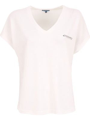 Discovery Expedition D5SL-TST3544 Beyaz V Yaka Relaxed Baskılı Kadın T-Shirt