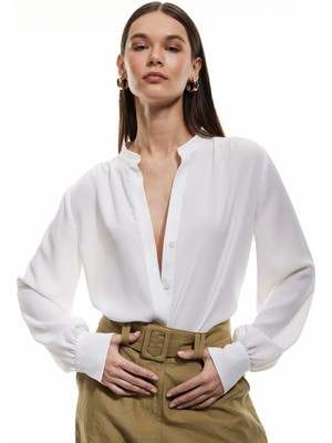 Koton Düğmeli Hakim Yaka Uzun Kollu Saten Gömlek