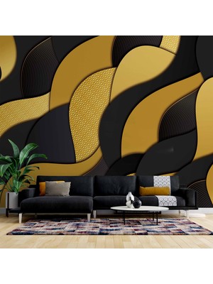 3 Boyutlu Siyah Sarı Dalgalı Desenli Duvar Kağıdı