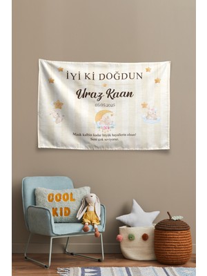 Vagonik Kişiye Özel Doğum Günü Tavşan Temalı Happy Birthday Duvar Örtüsü Duvar , Doğum Günü Flaması