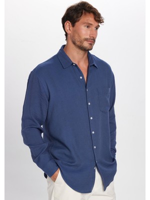 Tudors Erkek Relax Fit Rahat Kesim Oversize Müslin Viskon Pamuklu Tek Cepli Düz İndigo Gömlek
