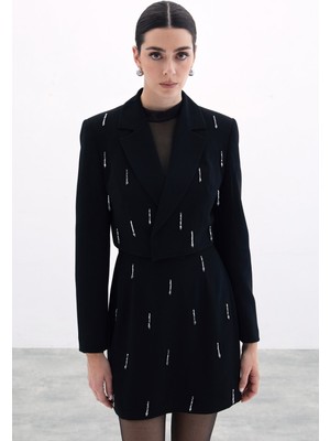 Sateen Taşlı Kısa Ceket Kadın - Siyah Uzun Kol Polyester Düz Desenli Günlük Cepli