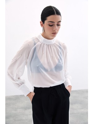 Taş Detaylı Transparan Bluz - Ekru