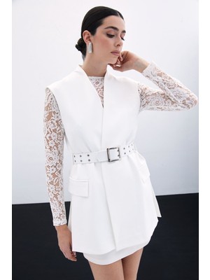 Kemerli Uzun Yelek - Ekru