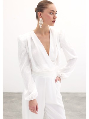 Kruvaze Desenli Bodysuit Bluz - Ekru