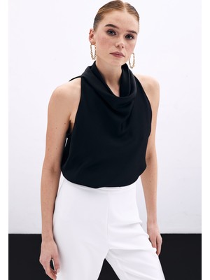 Degaje Yaka Saten Bluz - Siyah