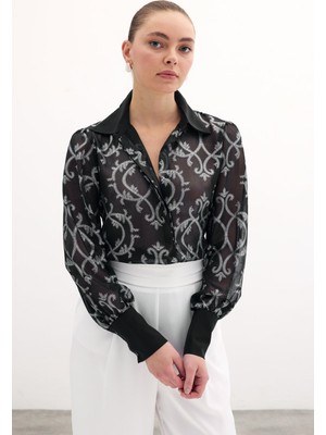 Geniş Manşetli Şifon Gömlek - Siyah