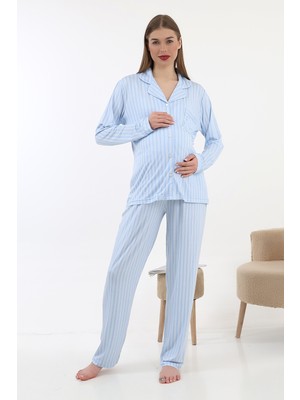 Likapa Önden Düğmeli Hamile Lohusa Uzun Kol Pijama Takımı