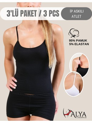 Alya Underwear Kadın Pamuklu Ip Askılı Oval Yaka Atlet ( 3'lü, Siyah, Beyaz, Ten - L )