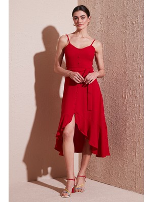 Lela Kemer ve Düğme Detaylı Volanlı Regular Fit Midi Boy Elbise Bayan Elbise 67810145